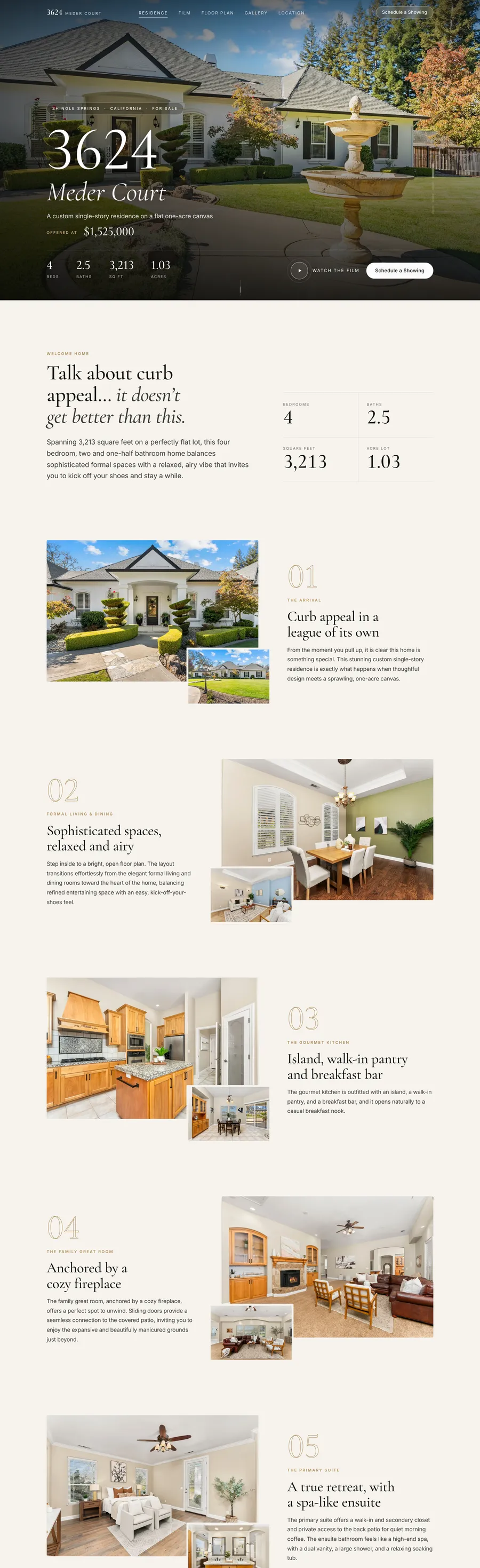 Desktop view of the 3624 Meder Ct property website: full-screen hero with price and stats, a welcome section, and photo-led room chapters
