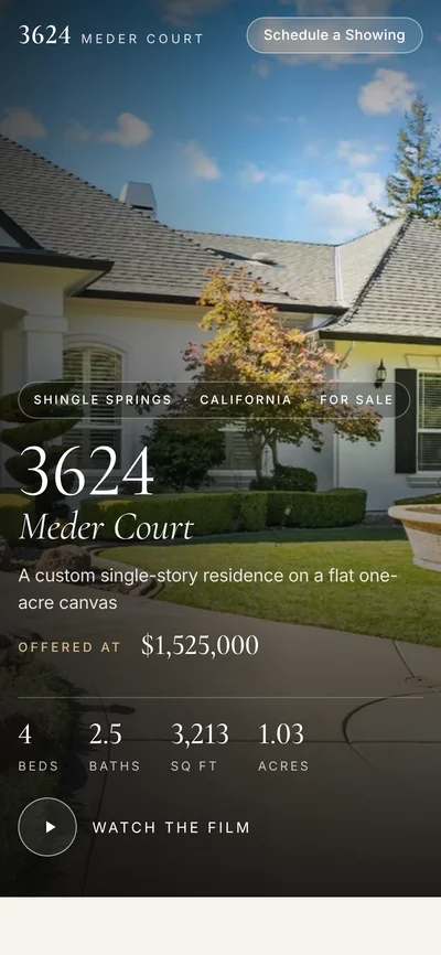 The same property website on a phone, showing the hero with price, beds, baths, and square footage